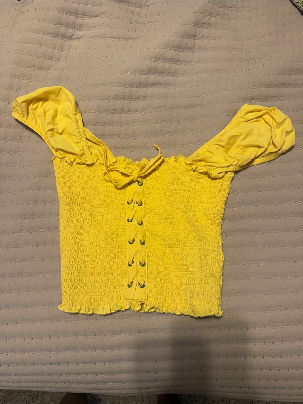 Yellow Smocked Lace-Up Off-Shoulder Crop Top